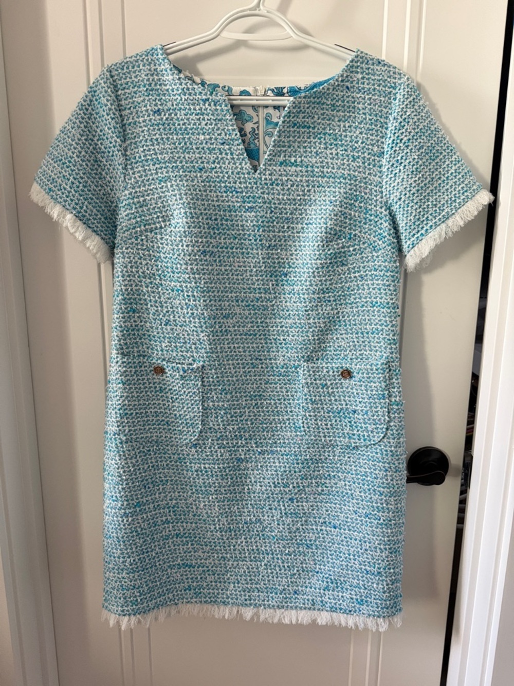 Patty Kim Light Blue Tweed Shift Dress with Fringe
